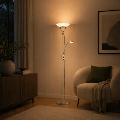 Produktbild von LED Deckenfluter, warmweißem Licht, Stehleuchte, Lesearm Höhe 1,8m