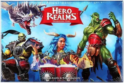 The image shows the box art for the Hero Realms Deckbuilding Game, featuring various fantasy characters and creatures.