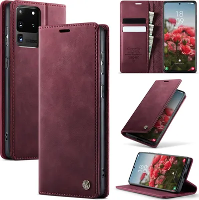 Obrázek produktu pro Kožené pouzdro pro Samsung Galaxy S20 Ultra, RFID ochranou, magnetickým zavíráním, přihrádkami na karty a funkcí stojánku Červený