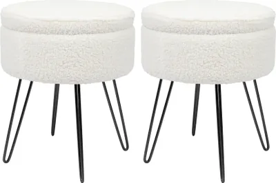 Produktbild von Weicher, runder Fußhocker mit Bouclé-Aufbewahrung und schwarzen Haarnadelbeinen – Beige – 2er-Pack