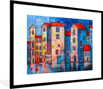 Produktbild von MuchoWow® Gerahmtes Poster Malerei - Ölfarbe - Haus - Wasser 80x60 cm - Poster mit Schwarzem Bilderrahmen Wandposter Rahmen Foto Bilder - Schlafzimmer-Dekorationen - Fotoposter