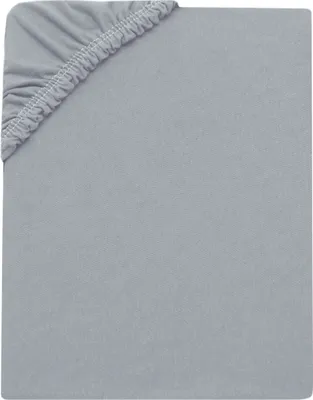 A close-up view of a grey fitted sheet, showing the elasticized corner.