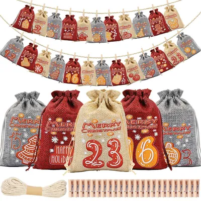 Produktbild von Stoff Adventskalender zum Befüllen 2025 Kinder, 24 Säckchen mit Holzklammern, 10x14 cm