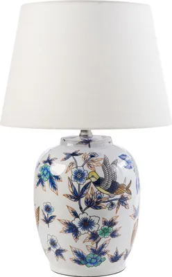 Zdjęcie produktu dla BELIANI Lampa stołowa biała z niebieskim porcelanowa podstawa lniany materiałowy klosz z kwiecistym wzorem oświetlenie stylowa