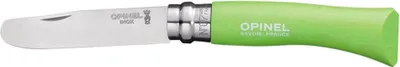 A single Opinel knife with a green handle is shown against a white background.