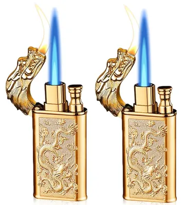 Immagine prodotto di 2 accendini antivento con rilievo a forma di drago, fiamma regolabile, ricaricabili, color oro