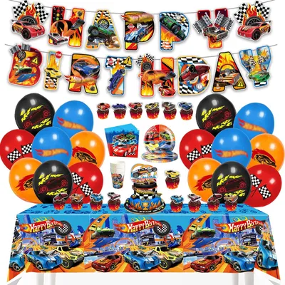 Zdjęcie produktu dla Omgoods - Dekoracje urodzinowe dla chłopców w stylu Hot Wheels - Kompletny zestaw do imprez