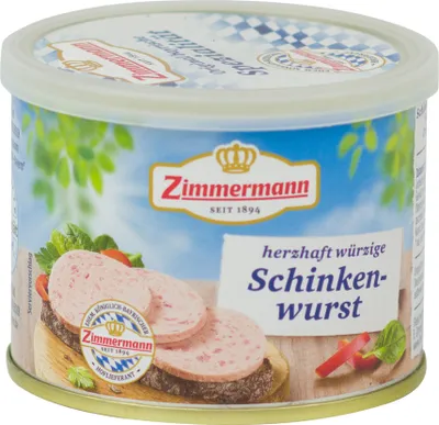 Produktbild von Food-United bayerische Dosenwurst 200g Döschen, Schinkenwurst, GQB "e Qualität Bayern"  von ZIMMERMANN Fleischwerke, passend für Brotzeit und Bier