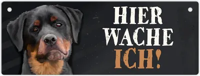 Produktbild von Metallschild mit Rottweiler Motiv und Spruch: Hier wachen wir! Türschild