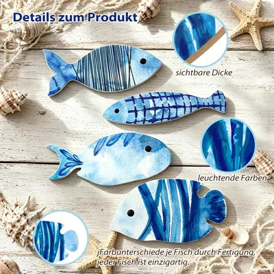 Imagen del producto de Decoraciones de pared con forma de peces de madera, 4 unidades, color azul, estilo náutico, para sala de estar