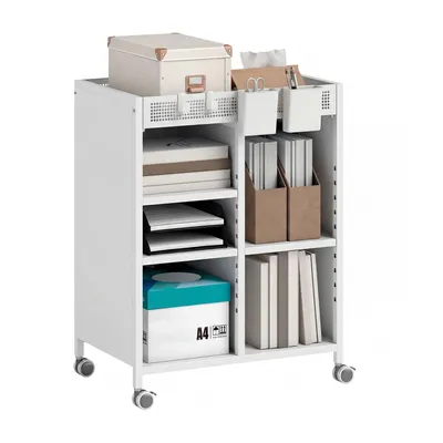 Produktbild von Bücherregal，Bücherregal auf Rollen, 4-stufig, verstellbare Regalböden & Hängekörbe für Home Office und Wohnzimmer, Weiß