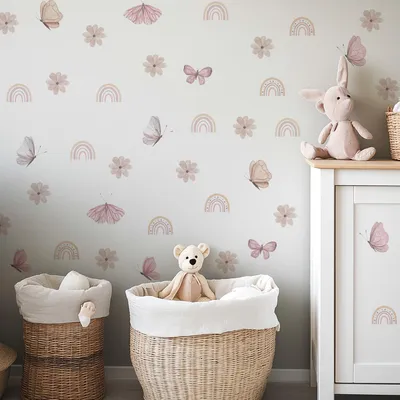 Produktbild von Wandsticker Set Boho Aquarell Margeriten, Schmetterlinge, Regenbögen, 60 Stück, für Kinderzimmer