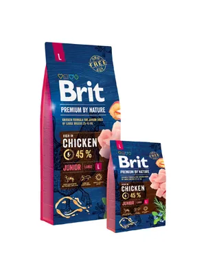 Two bags of Brit Premium By Nature dog food are shown against a white background. The larger bag is in the foreground and slightly to the left, while a smaller bag is in the midground and to the right.