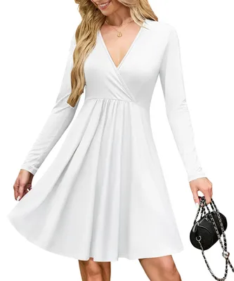 Imagen del producto de Vestido con cuello en V, largo hasta la rodilla, con mangas largas y bolsillos, color blanco