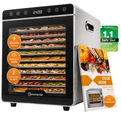 Produktbild von Sommertal Dörrautomat Silence 800 | 12 Einschübe, 800W, 30–85°C & 24h Timer – Dörrgerät Edelstahl, Kräutertrockner & Dehydrator für Obst & Fleisch