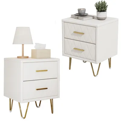 Image de Ensemble de deux tables de chevet rembourrées, avec deux tiroirs, pieds et poignées en métal, couleur beige, dimensions : 41 x 36 x 51 cm