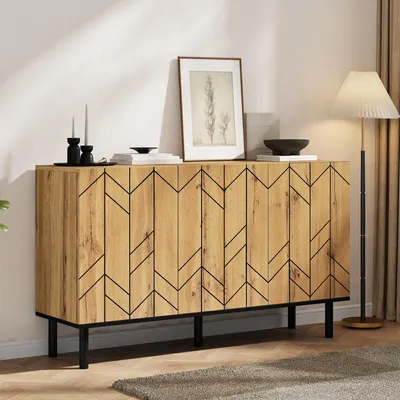 Produktbild von STILVORA Sideboard mit 3 Türen und Schließfächern, Kommode mit Wellenmuster-Optik, Flurschrank mit Metallbeinen in Naturholzfarbe