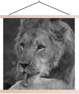 Produktbild von MuchoWow® Textilposter Löwe - Wild - Schwarz 120x120 cm mit holzfarbenen Rahmen - Textil-Poster