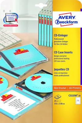 Produktbild von Avery Zweckform C32250-25 CD-Einleger, 151 x 118 mm, 25 Blatt, weiß