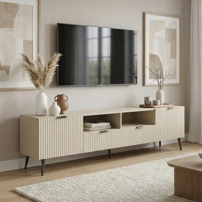 Produktbild von Fernsehschrank ‘Nand’ mit 2 Schubladen und 2 Türen geriffelt 180 x 40 x 51 cm Sandfarben