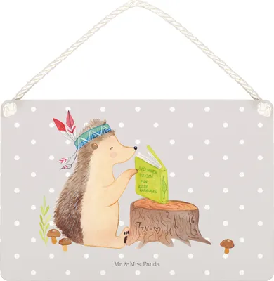 Produktbild von Mr. & Mrs. Panda Schild Igel Federschmuck DIN A4 - Grau Pastell - Geschenk, kleine aufmerksamkeit, Holzschild, Tiere, Indianer, Camping, Lagerfeuer, Türschild, wandtafel