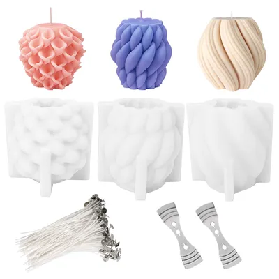 Image de Ensemble de trois moules en silicone pour la fabrication de bougies, comprenant un kit de mèches