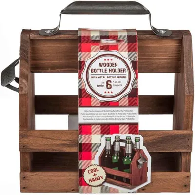 Zdjęcie produktu dla Drewniany stojak na butelki, przeznaczony do 6 butelek o pojemności 33 cl, z wbudowanym otwieraczem do butelek