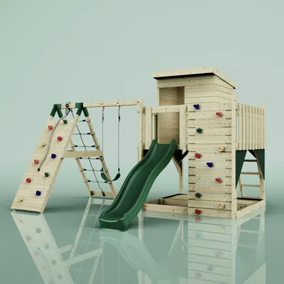 Produktbild von OutdoorToys Spielturm Freja aus Holz in Grün Dunkelgrün, mit Kinderschaukel