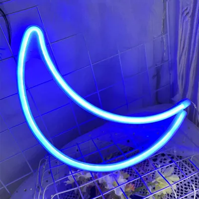 Produktbild von LED Neon Schild Mond Blau 29.5x22.5cm - Moon Nachtlicht Wanddeko - Reiner Batteriebetrieb für Kinderzimmer
