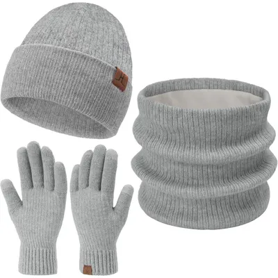 Productafbeelding van Uni wintermuts en sjaalset, 3-delig, lichtgrijs, gebreid, met fluwelen voering