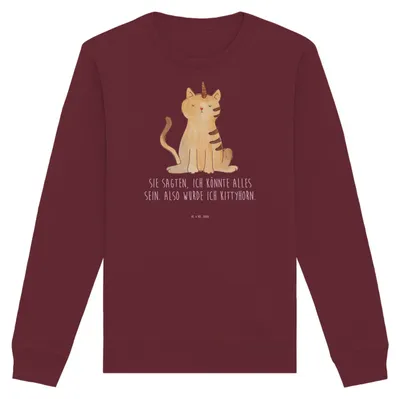 Produktbild von Mr. & Mrs. Panda Baumwoll Sweatshirt Einhorn Katze Größe L - Burgundy - Geschenk, Regenbogen, Bio Pullover, Unicorn, Sweater, Glitzer, Pulli, Einhornkatze