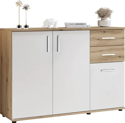 Image de Sideboard >BC 1040< 3 Türen, 2 Schubladen, eiche rustica Dekor/ weiß - 120x84x35cm (BxHxT)