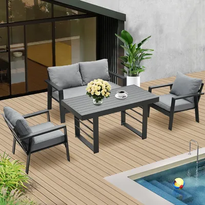Produktbild von MeXo Gartenmöbelset Aluminium, 4 Personen, Ergonomische Rückenlehne mit Kissen & Hoher Esstisch, Indoor Outdoor Balkon Garten (Sitzgruppe, grau)