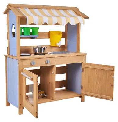 Produktbild von Spielküche, Kinderküche, Spielzeugküche mit Löffeln, Spülbecken, Wassertank, Sonnenschutz, Schaufeln, Kochgeschirr & Zubehör