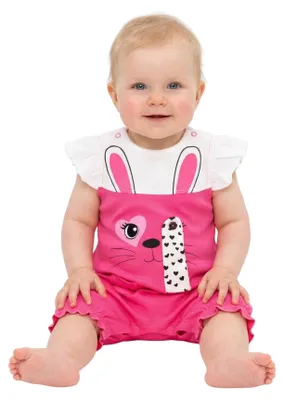 Produktbild von Kurzärmeliger Body - Größe 80, Alter 10-12 Monate - Rose - 100 % Baumwolle - mit 3D - Ohren und Ärmeln mit Rüschen - Kurzarm Baby-Body
