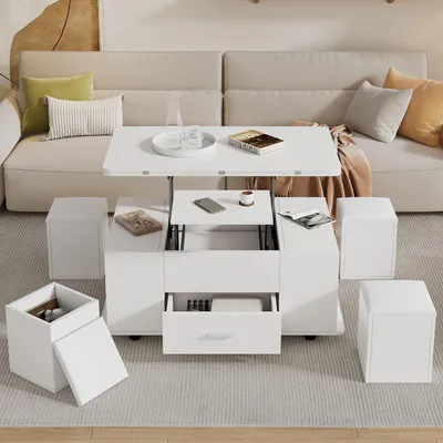 Produktbild von Couchtisch Höhenverstellbar,Beweglicher Sofatisch, 4-in-1-Multifunktions-Couchtisch Umwandelbar in Wohnzimmer-Esstisch,Couchtisch mit Schubladen, mit 4 Hockern,Weiß