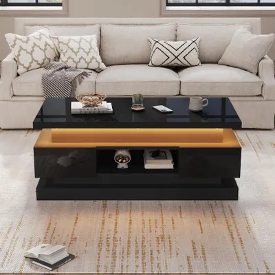 Obrázok produktu pre Konferenčný stolík, 100 x 50 x 40 cm, 100% drevotrieska, čierna farba, konferenčný stolík s nastaviteľnou výškou, 2 zásuvkami a LED osvetlením