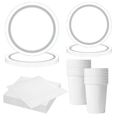 Immagine prodotto di Set di stoviglie per bambini, 68 pezzi, colore bianco: piatti, bicchieri, tovaglioli, decorazioni per feste