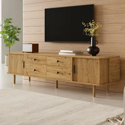 Produktbild von okwish Moderner TV-Schrank mit 4 Schubladen und abgerundeten Kanten, TV-Lowboard mit Schiebetüren,für Wohnzimmer,Holz