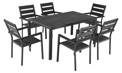 Produktbild von ALEOS. Gartengarnitur Aluminium WPC Set: Tisch 150x90 cm + 6 Gartenstühle mit Armlehne stapelbar, Serie: MILOS