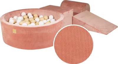 Produktbild von MeowBaby® Schaumstoff-Spielset mit Ballpool 90x30cm/200 Bällen 7cm, Spielset für ein Kind, 4 Elemente, Cord-Cord-Velours, Aprikose, Bälle: Weiß/Beige
