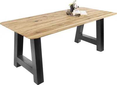 Produktbild von Esszimmertisch Schweizer Kante rund massiv & geölt Eiche 180x90 schwarz A-Gestell Lotte