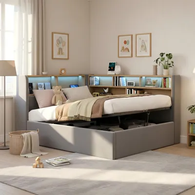 Produktbild von okwish Schlafsofa 90x200 cm Polsterbett mit hydraulischer Stauraumfunktion,Bettgestell mit LED Beleuchtung und USB-Anschluss,Einzelbett mit offenen Aufbewahrungsfächern,Grau,ohne Matratze