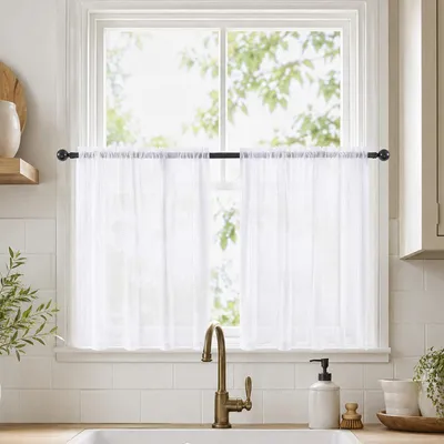 Obrázek produktu pro 2 kusy průsvitných záclon, vhodné do kuchyně nebo ložnice, bílé, rozměry 76 x 60 cm. Ideální jako krátké záclony do bistra