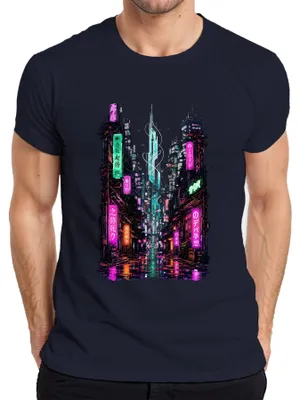 Immagine prodotto di T-shirt da uomo, stile cyberpunk, con immagini di Tokyo, luci al neon, Giappone, anni 2000, vaporwave, colore blu navy, taglia L