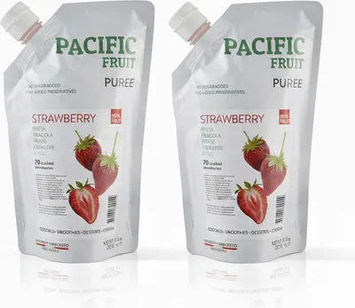 Produktbild von Pacific Fruit Püree Erdbeere 2x 1kg Erdbeerpüree zu 100% aus echten Früchten, ohne Konservierungsstoffe & Zuckerzusatz, ideal für Iced Erdbeer Matcha Latte, Panna Cotta, Biskuitrollen & Erdbeertorte