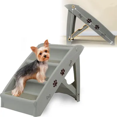 Produktbild von Sessamen-LP Hundetreppe Hunderampe 4 Stufen Klappbar Haustiertreppe Treppen Stufen mit Rutschfesten Matte und Stützstange für Kleine und Große Hunde Katze, Grau