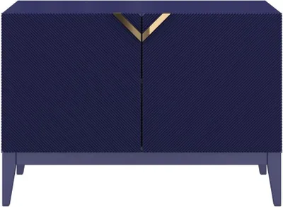 Produktbild von Visby Demi Long 2D Kommode Mit Gefrästen Fronten / Massive Buche / TV-Lowboard Mit 2 Türen / TV-Schrank Mit Dekorativen Fronten Und Goldgriffen / 100/70 Cm / Marineblau