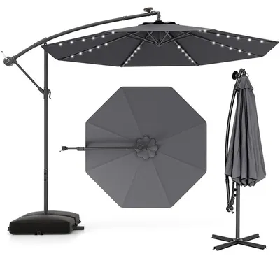Obrázok produktu pre Slnečník COSTWAY 350 cm so stojanom, LED osvetlením a kľukou, záhradný slnečník, ochrana proti UV žiareniu, trhový slnečník, terasový slnečník, sivý