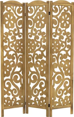A three-panel folding screen with a decorative floral cutout pattern, made of wood.